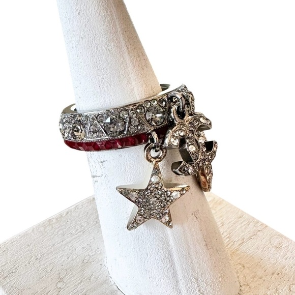 Authentic CHANEL Silver Moon Star CC Crystal Ring Size 6 - Picture 11 of 17